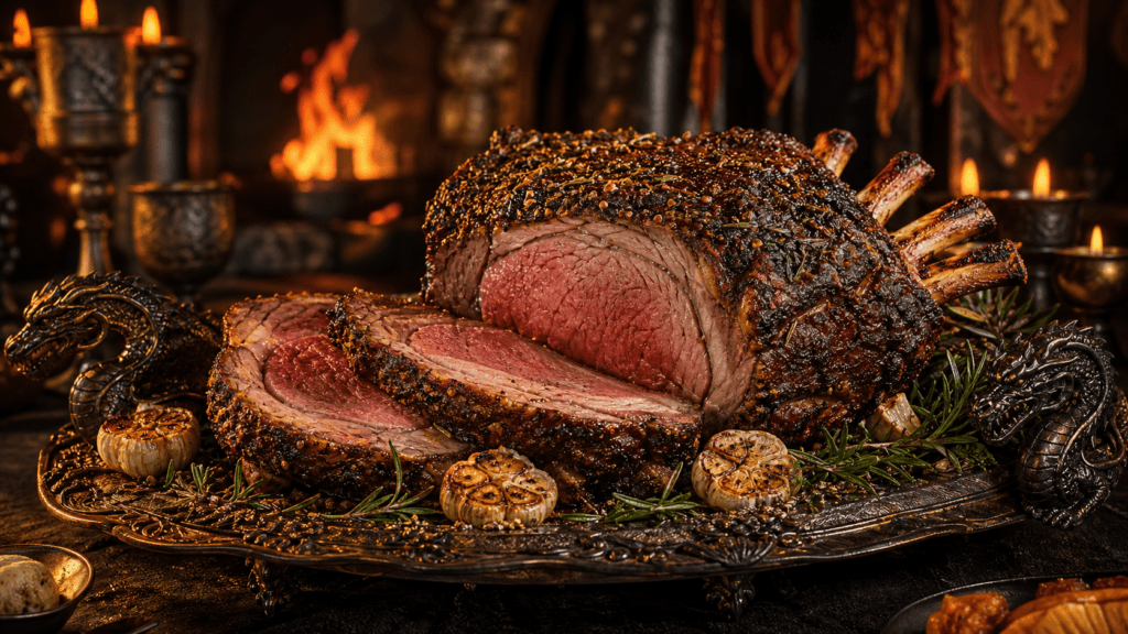 Dragon’s Crown Beef Rib Roast with herb crust, roasted garlic and rosemary