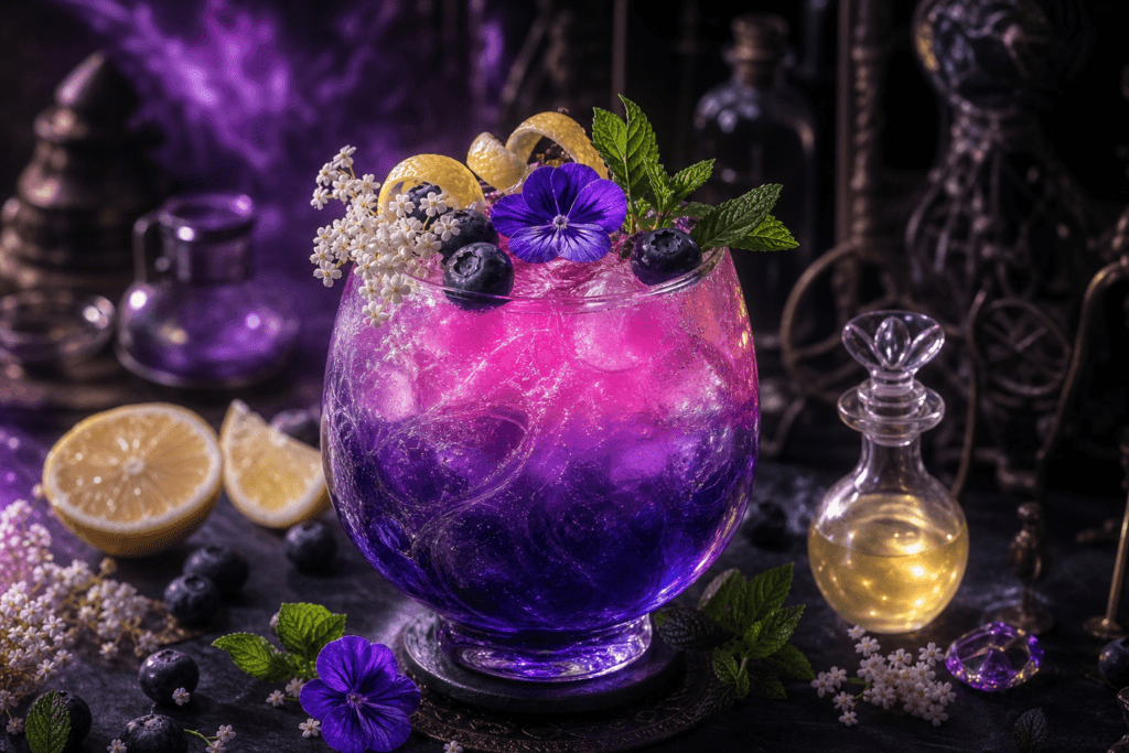 Arcane Bloom violet-to-pink butterfly pea flower cocktail with lemon and edible flowers