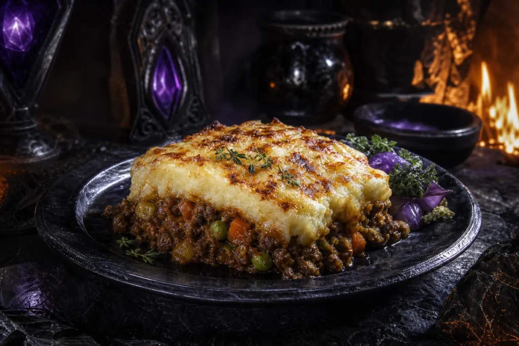Ashenvale Shepherd’s Pie served in a firelit Black Dragon obsidian tavern