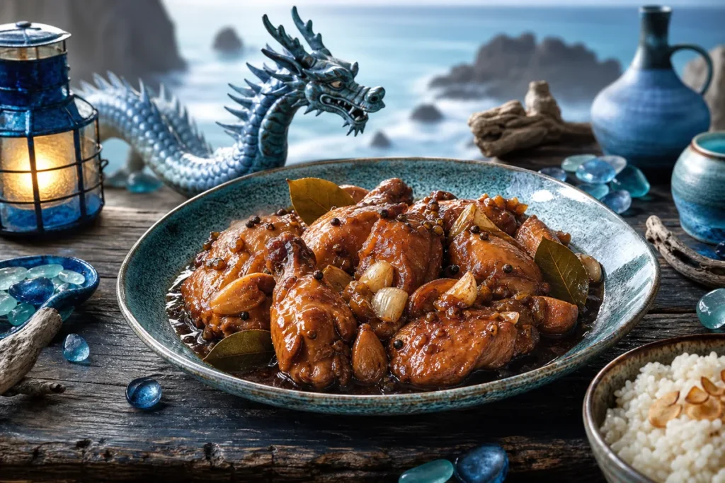 Azure Archipelago Chicken Adobo served at a Blue Dragon coastal feast