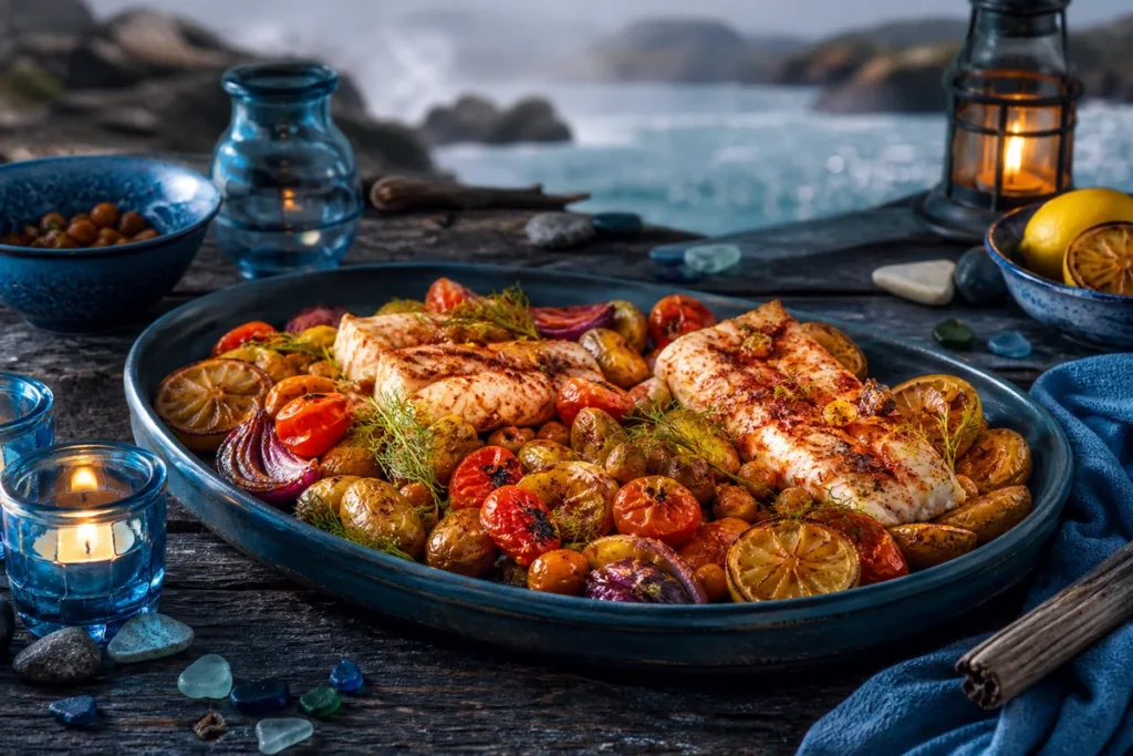Azure Coast Harissa Hake Traybake served at a Blue Dragon coastal feast