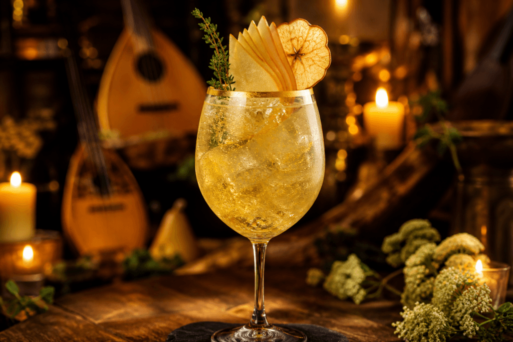 Bard’s Encore golden pear and elderflower sparkling cocktail with thyme and apple