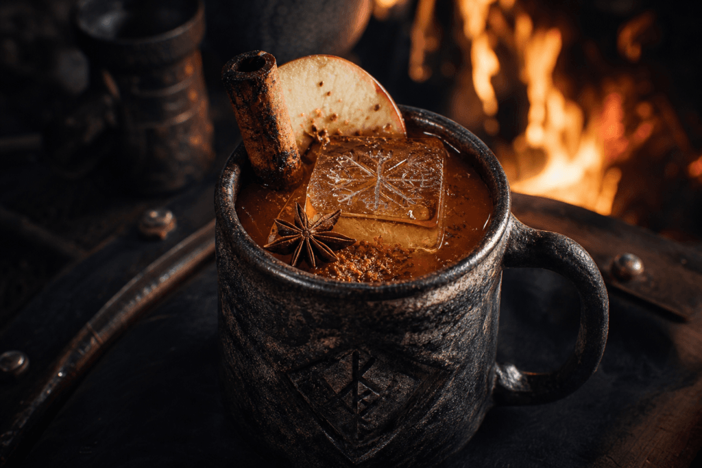 Berserker’s Brew spiced apple, bourbon and rum cocktail in a rugged stone mug