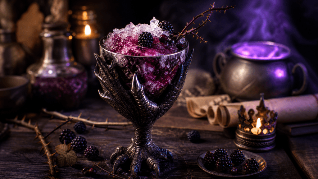 Black Dragon Bramble blackberry cocktail in a dragon-claw goblet