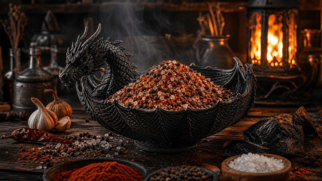Black Dragon Smoky Rub presented on a dark fantasy Spice Market workbench