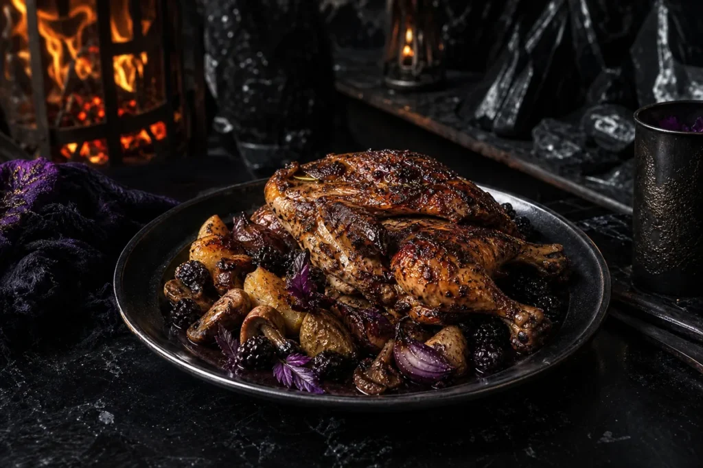 Blackmarsh Hunter’s Chicken served in a firelit Black Dragon obsidian tavern