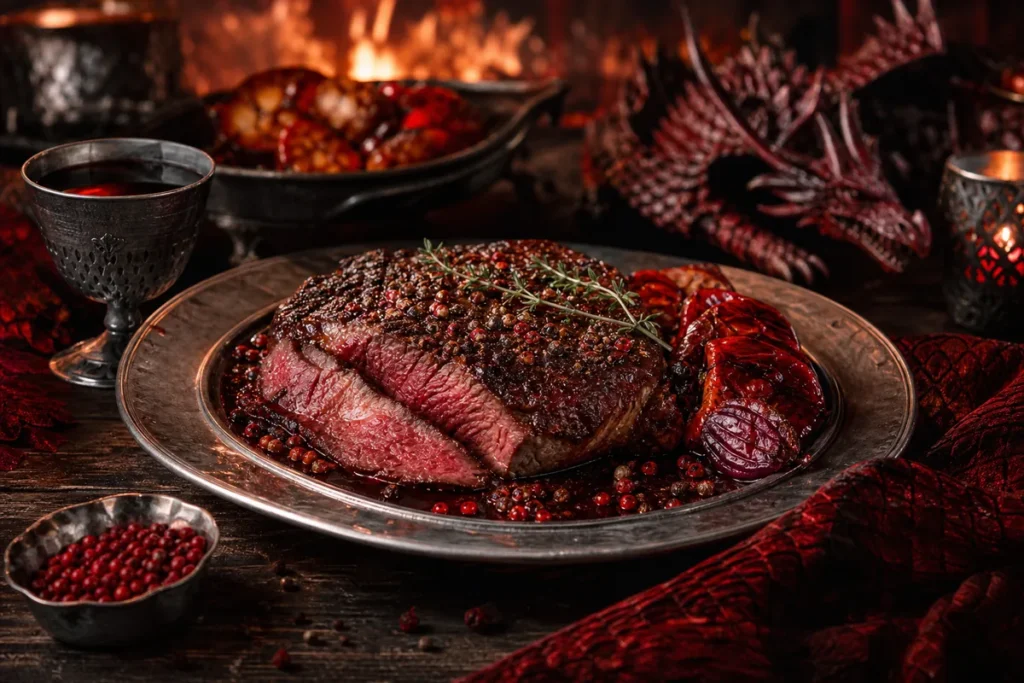 Bloodpeak Peppercorn Steak served in the Red Dragon clan feast hall