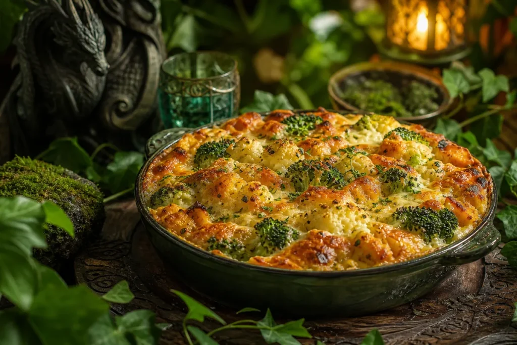 Bloomshade Three-Cheese Vegetable Bake served in an enchanted Green Dragon woodland feast