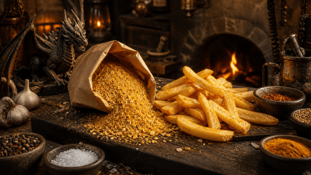 Chip Shop Seasoning presented on a dark fantasy Spice Market workbench