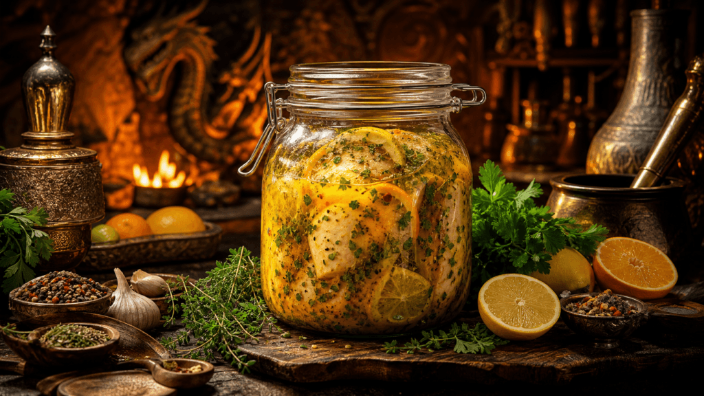 Citrus Herb Chicken Marinade presented on a dark fantasy Spice Market workbench