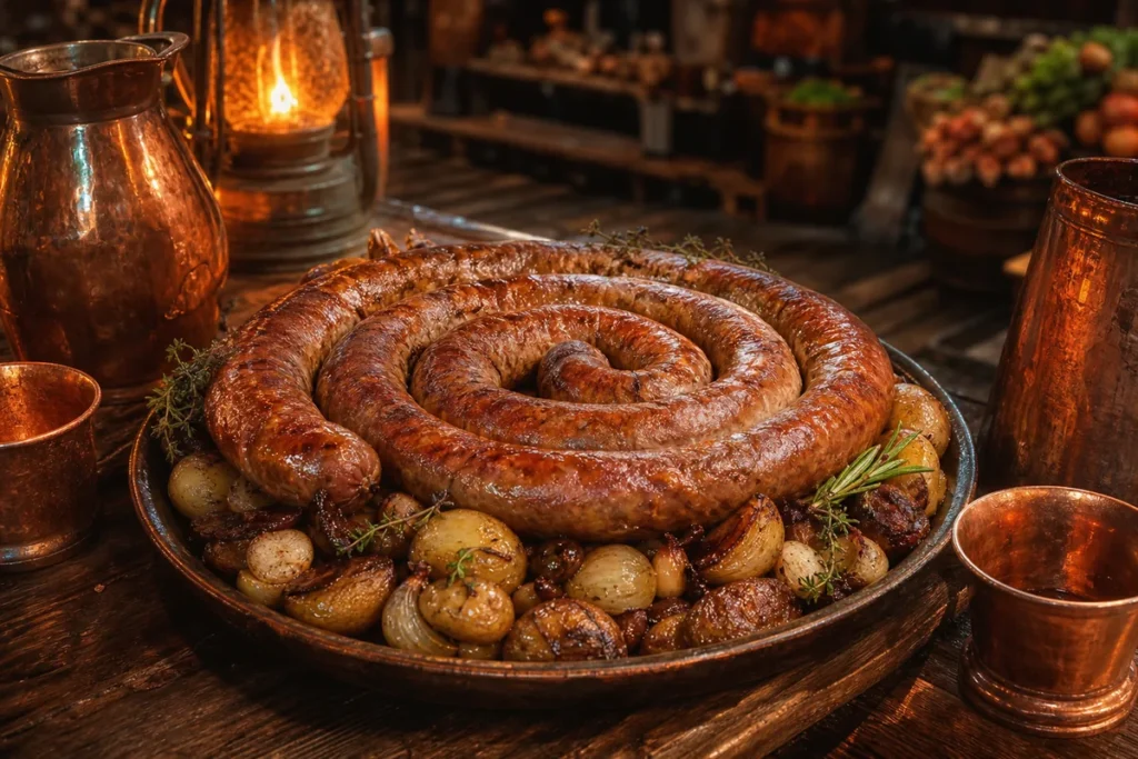 Coachman’s Giant Sausage Ring served in a Copper Dragon market tavern