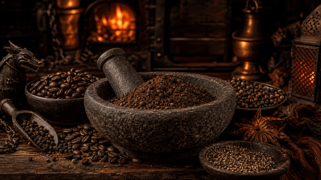 Coffee Pepper Beef Rub presented on a dark fantasy Spice Market workbench