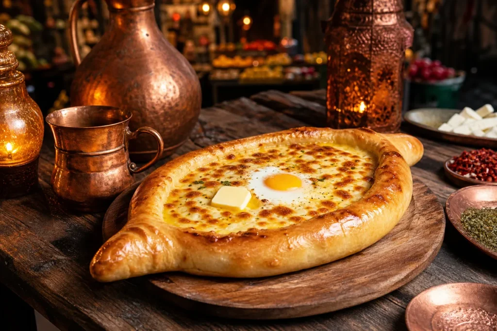Copper Bazaar Cheese Khachapuri served in a Copper Dragon market tavern