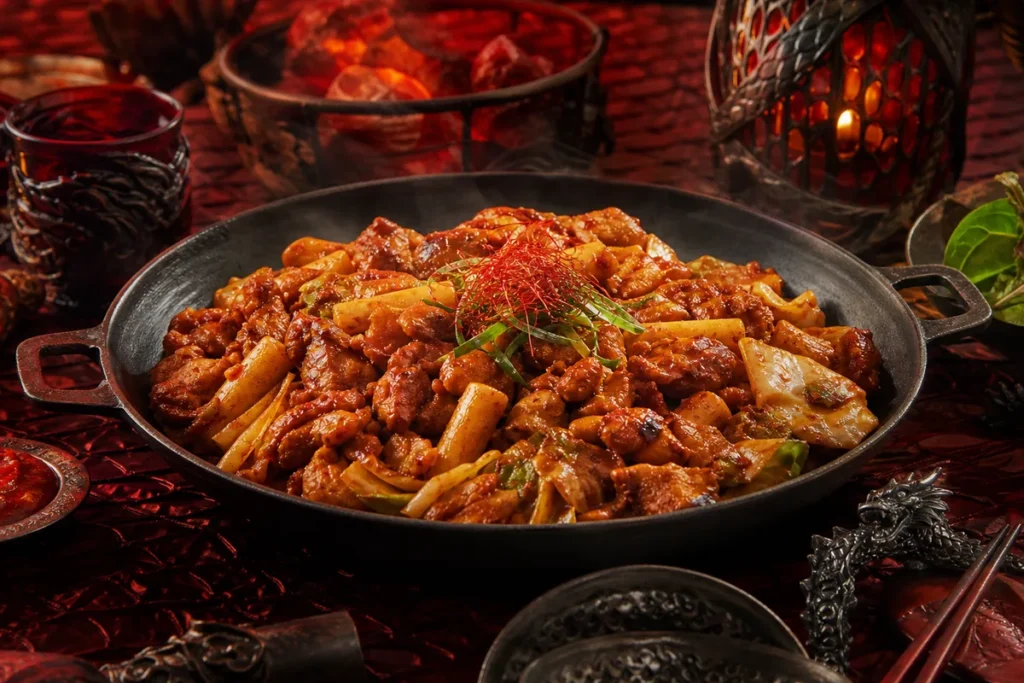 Crimson Lantern Dakgalbi served in the Red Dragon clan feast hall