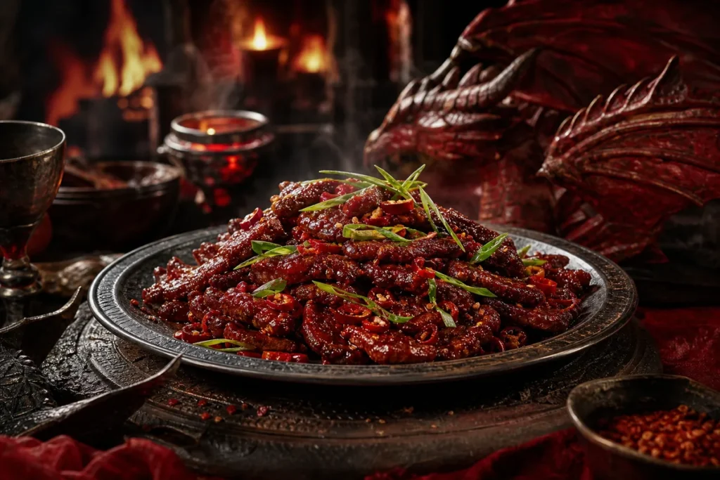 Crimson Mongolian Beef served in the Red Dragon clan feast hall