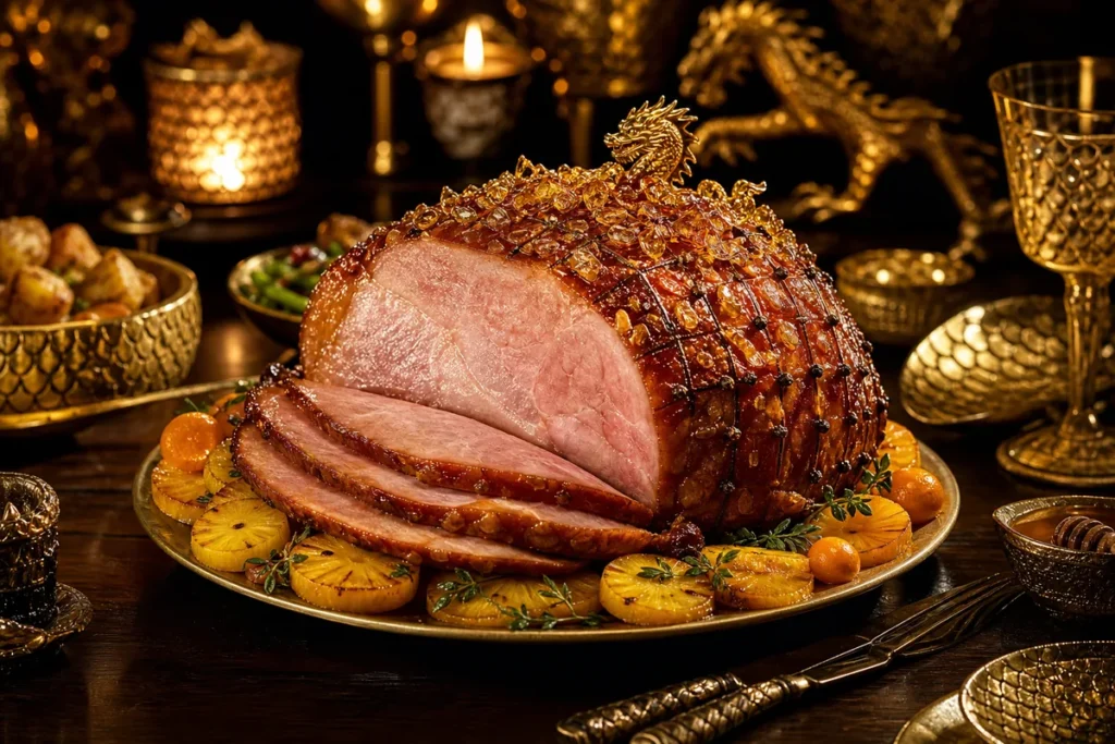Crownfire Honey Glazed Ham presented at a Gold Dragon royal banquet