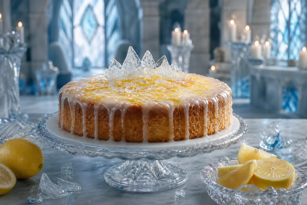 Crystal Peak Lemon Drizzle Cake served in a candlelit Frost Dragon ice hall