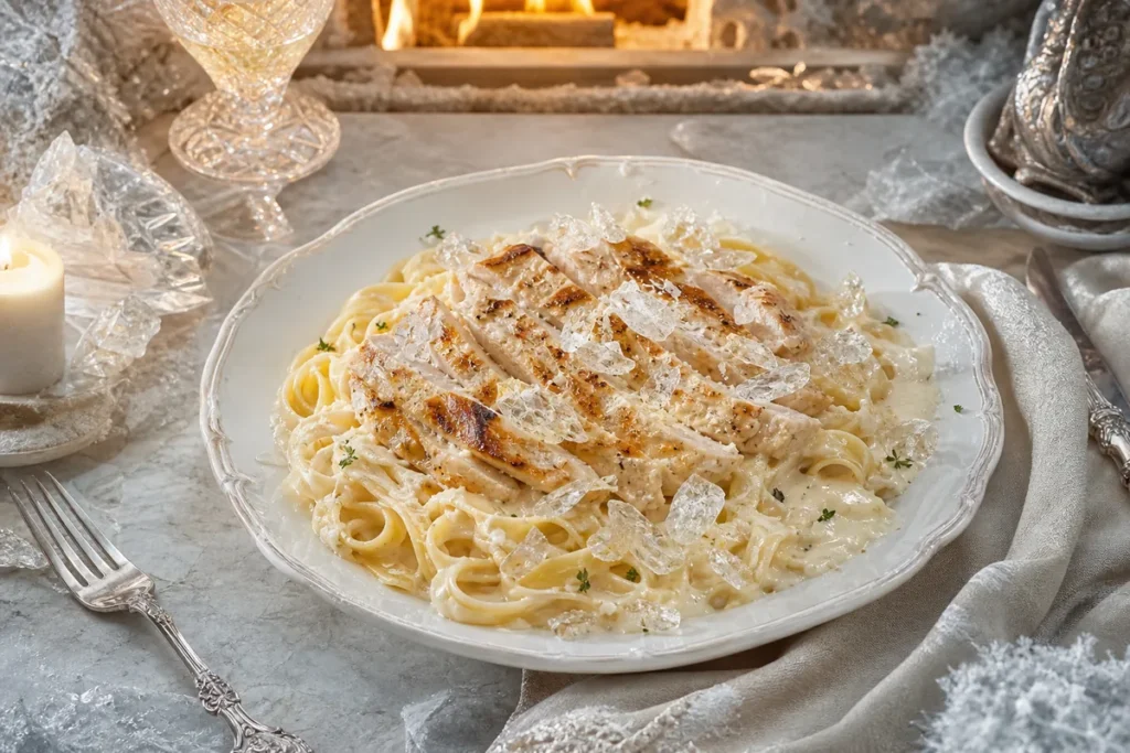 Crystalline Chicken Alfredo served in a warm-lit White Dragon winter hall