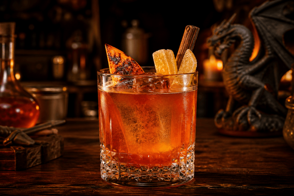 Cutpurse’s Cure amber rum cocktail with blood orange, candied ginger and cinnamon