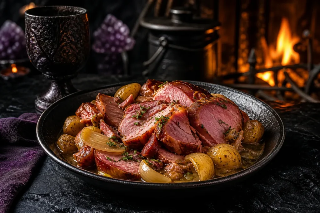 Darkwater Slow-Cooked Gammon & Cider Pot served in a firelit Black Dragon obsidian tavern