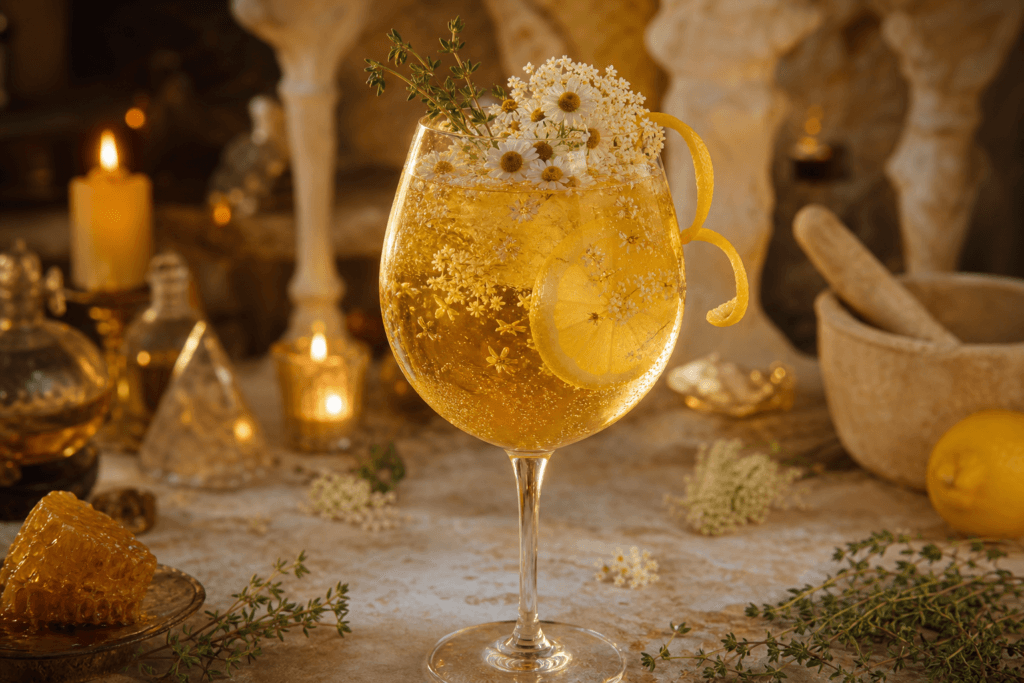 Divine Grace golden chamomile and elderflower cocktail with lemon and white flowers