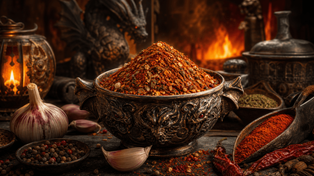 Dragonfire All Purpose Seasoning presented on a dark fantasy Spice Market workbench