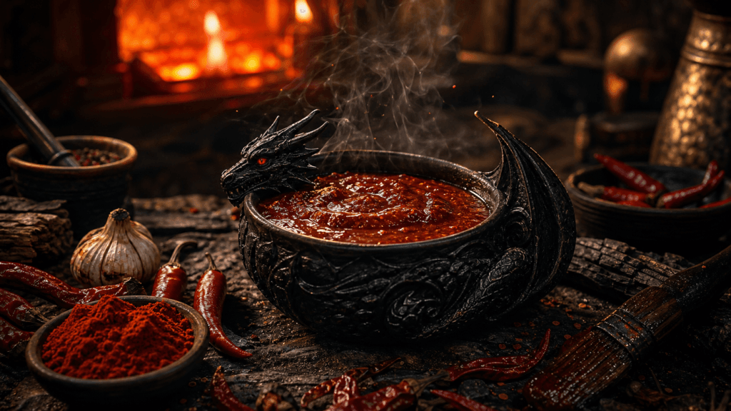 Dragonfire BBQ Marinade presented on a dark fantasy Spice Market workbench