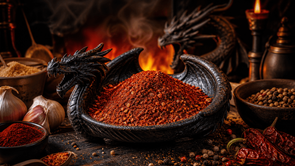 Dragonfire BBQ Rub presented on a dark fantasy Spice Market workbench