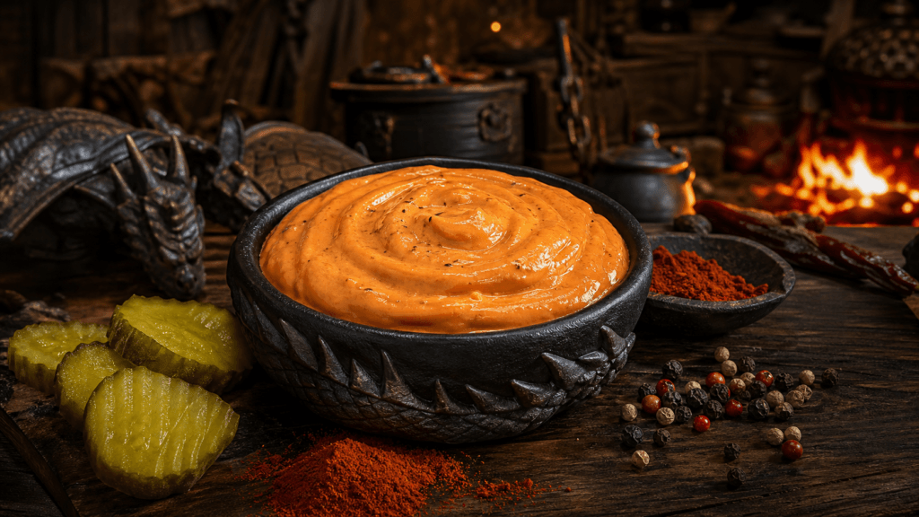 Dragonfire Burger Sauce presented on a dark fantasy Spice Market workbench
