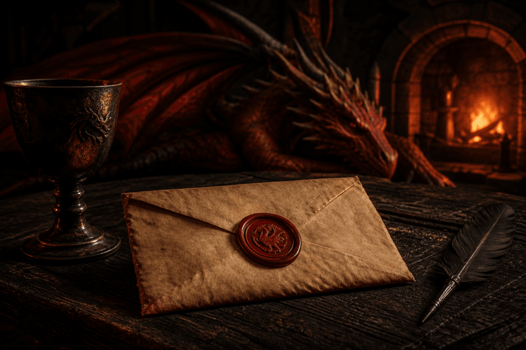 Sealed parchment letter, quill and goblet before a red dragon in the firelit DragonFire Kitchen tavern