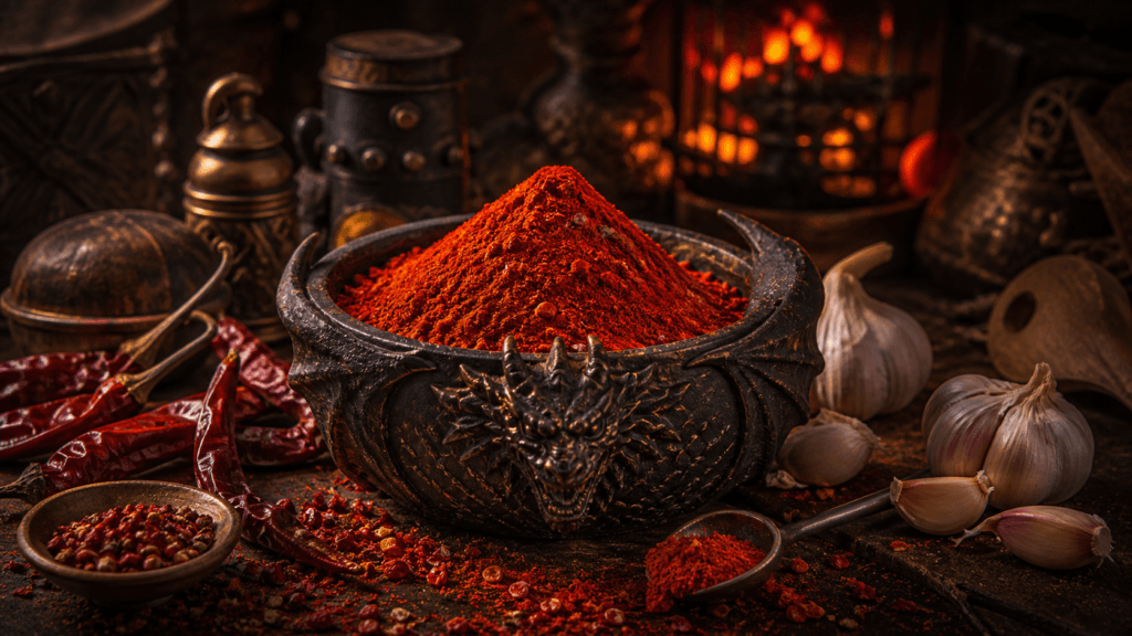 Dragonfire Dust presented on a dark fantasy Spice Market workbench