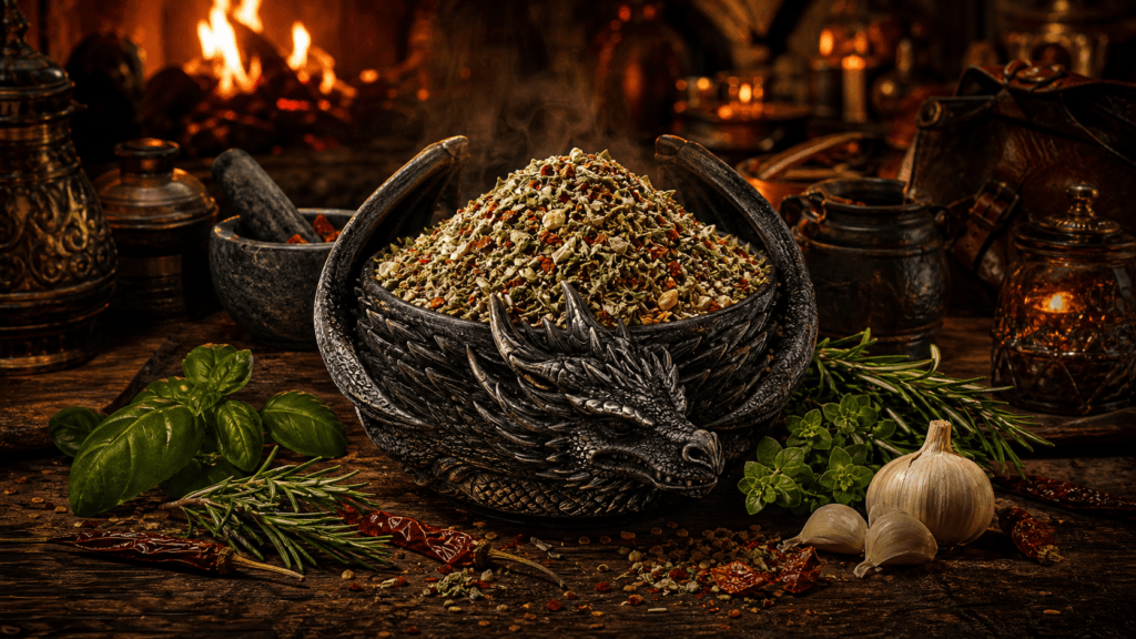 Dragonfire Italian Herb Blend presented on a dark fantasy Spice Market workbench