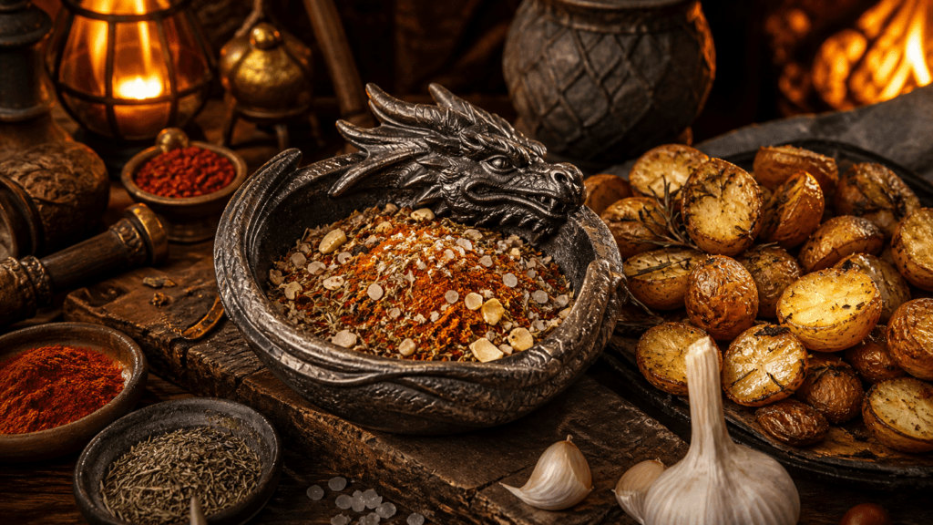 Dragonfire Roast Potato Seasoning presented on a dark fantasy Spice Market workbench