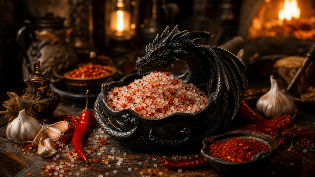 Dragonfire Salt presented on a dark fantasy Spice Market workbench