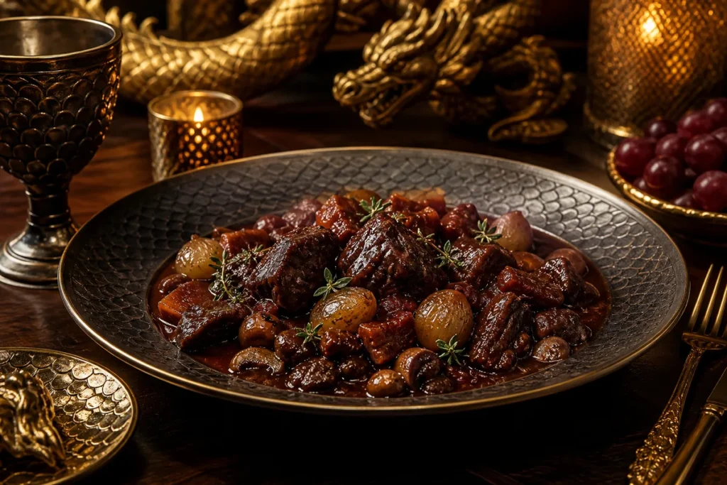 Dragonheart Beef Bourguignon presented at a Gold Dragon royal banquet