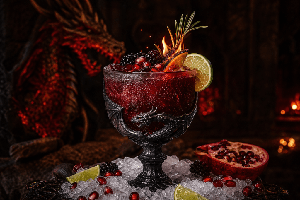 Dragon’s Blood crimson pomegranate and berry elixir in a dark dragon goblet