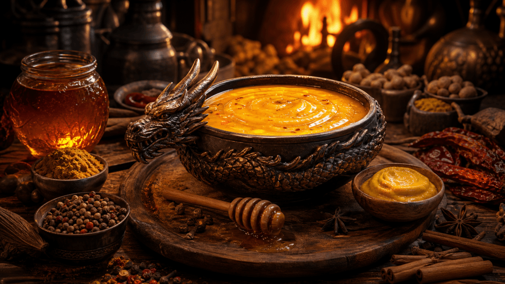 Dragon’s Gold Sauce presented on a dark fantasy Spice Market workbench