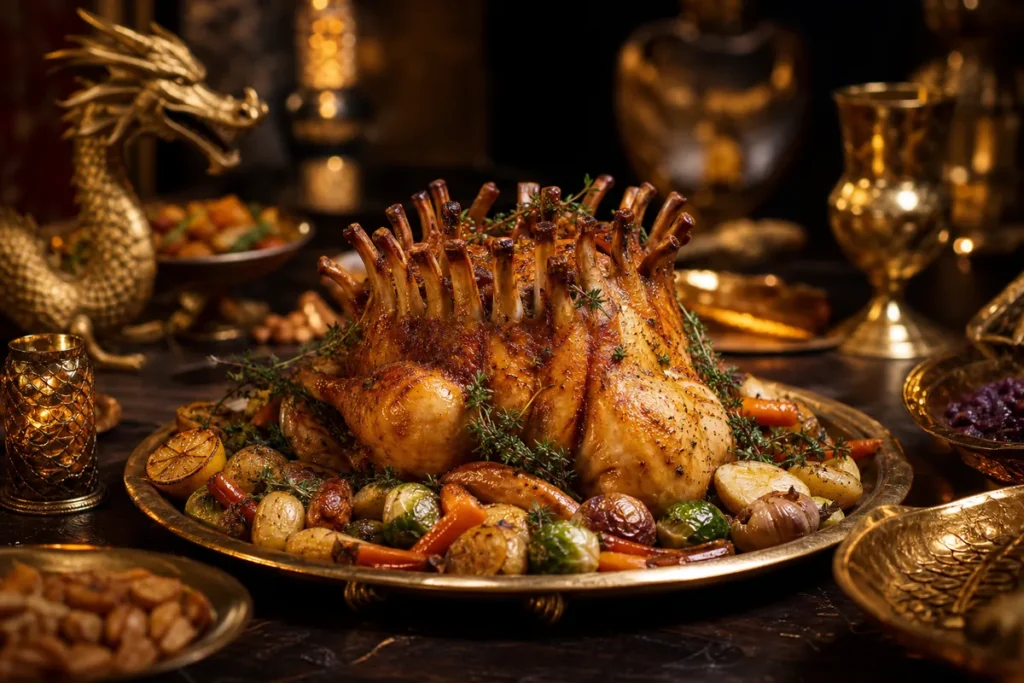 Dragonspire Crown Roast Chicken presented at a Gold Dragon royal banquet