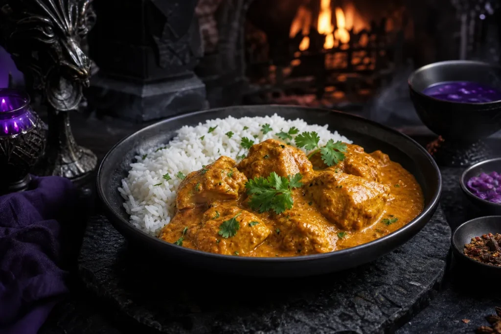 Duskmire Slow Cooker Chicken Curry served in a firelit Black Dragon obsidian tavern