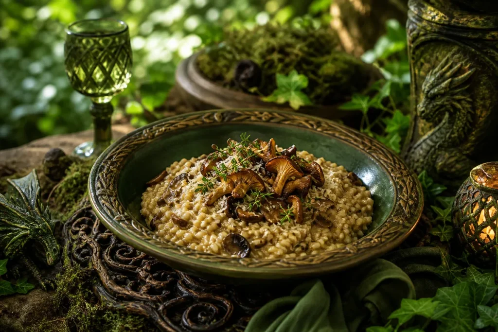Elderbark Wild Mushroom Risotto served in an enchanted Green Dragon woodland feast