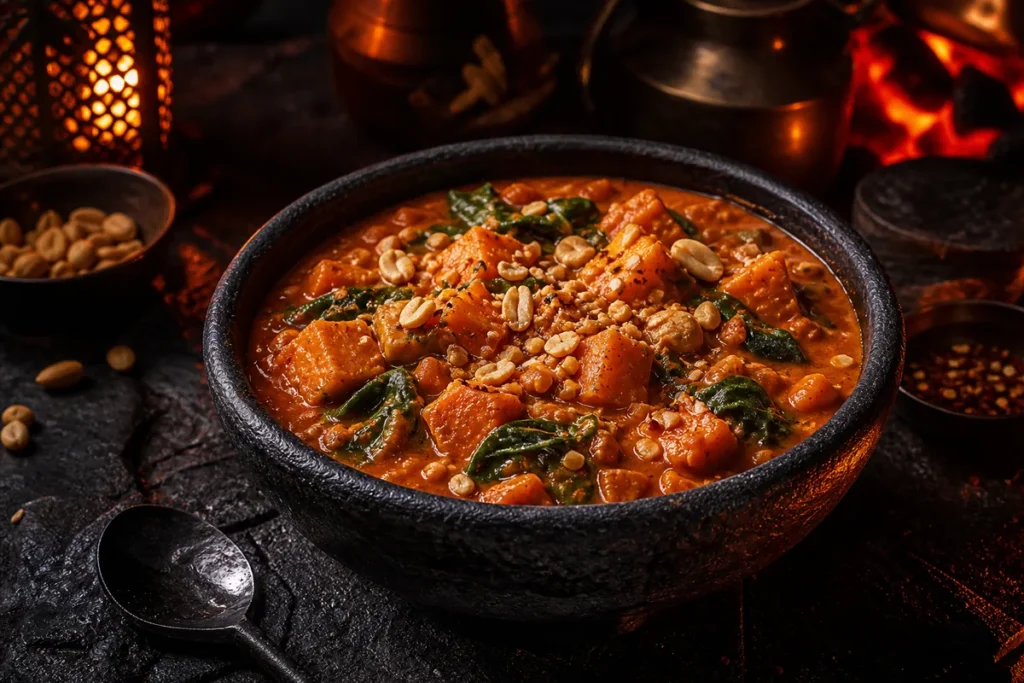 Ember Coast Peanut Stew with sweet potato, greens and crushed peanuts