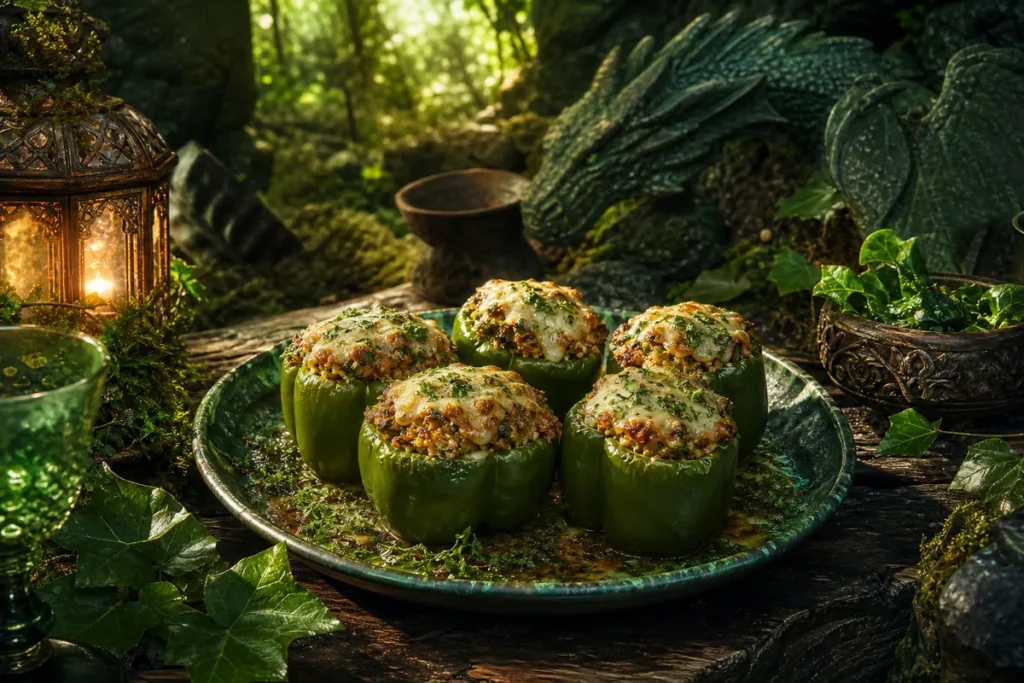 Emerald Hollow Stuffed Peppers served in an enchanted Green Dragon woodland feast
