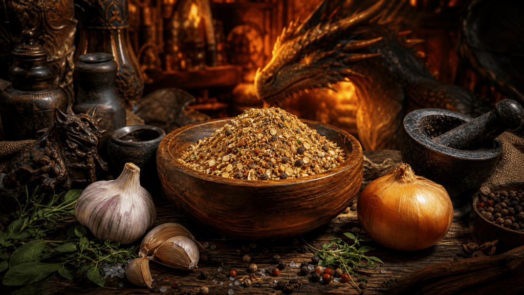 Everyday Kitchen Blend presented on a dark fantasy Spice Market workbench