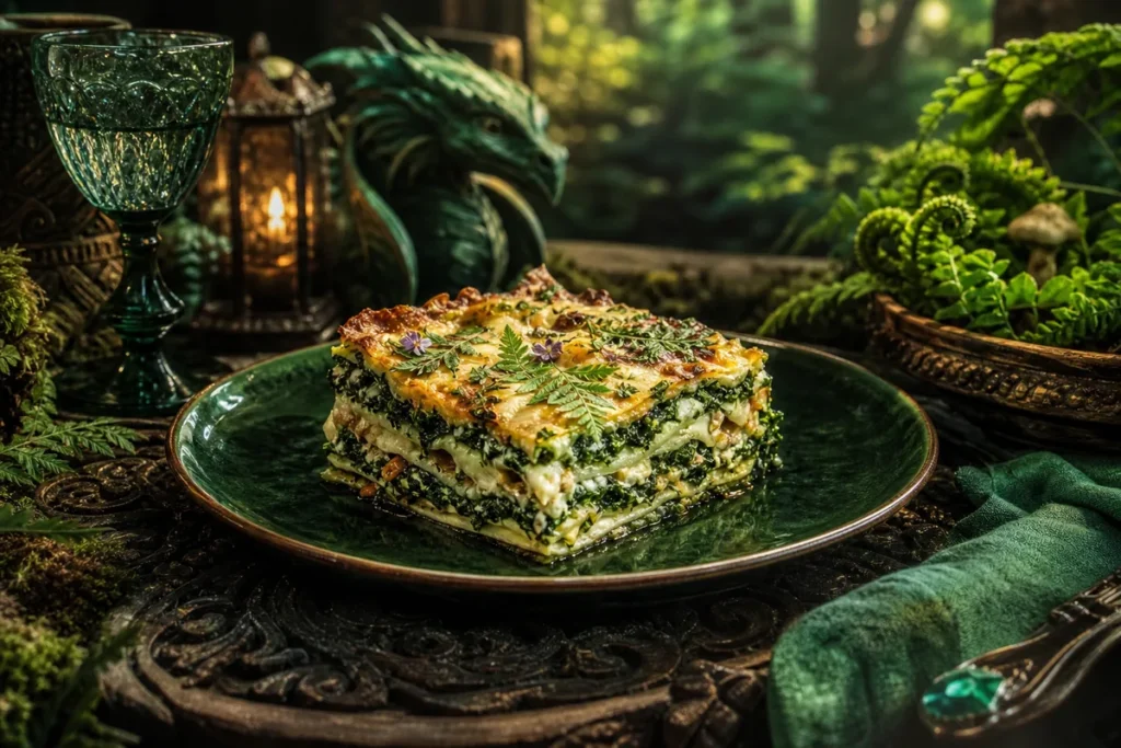 Fernbloom Vegetable Lasagne served in an enchanted Green Dragon woodland feast