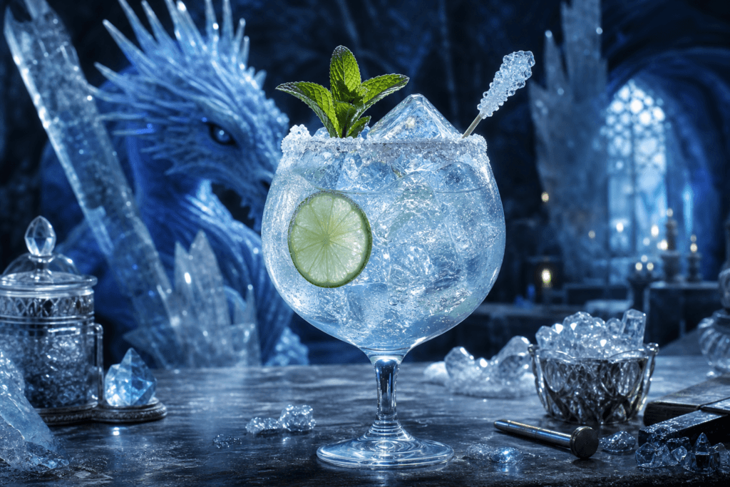 Frostbite Elixir icy blue elderflower and lime drink with mint and rock candy