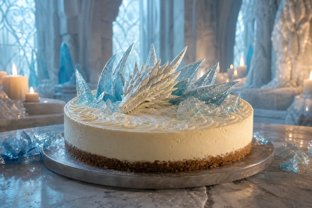Frostfang Vanilla Cheesecake served in a candlelit Frost Dragon ice hall