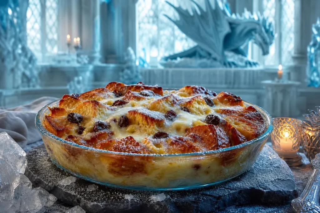Frostfire Bread & Butter Pudding served in a candlelit Frost Dragon ice hall