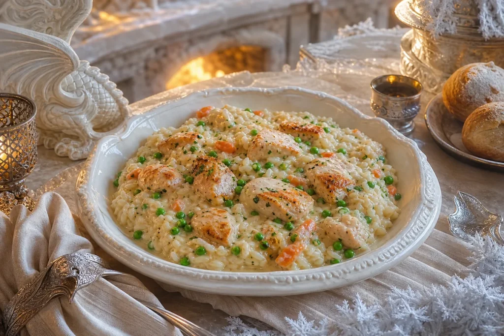 Frosthall Creamy Chicken & Rice served in a warm-lit White Dragon winter hall