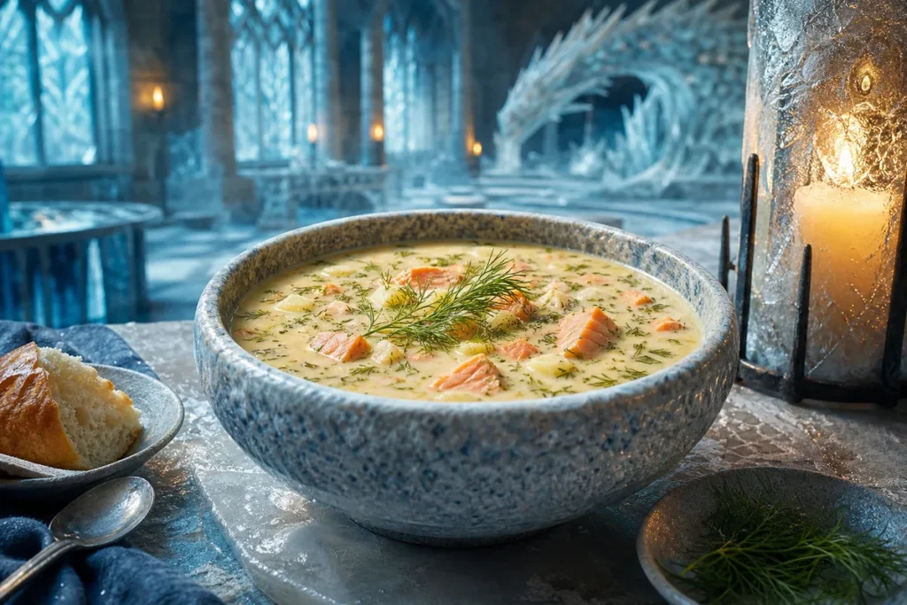 Froststep Salmon & Dill Soup served in a candlelit Frost Dragon ice hall