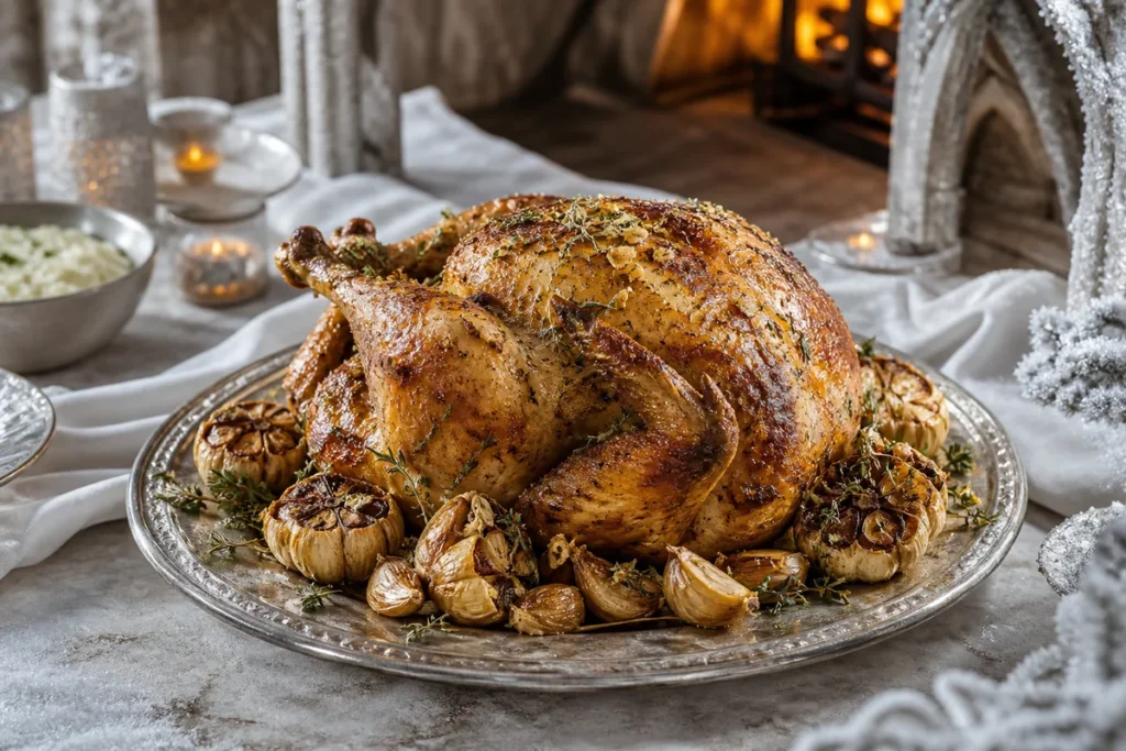 Frostwind Garlic Chicken served in a warm-lit White Dragon winter hall